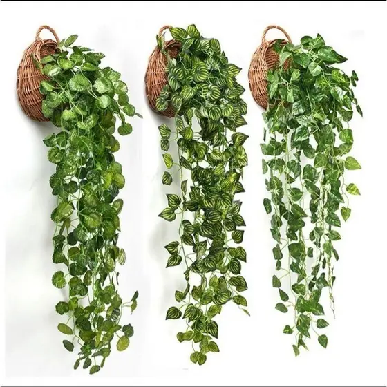 Arranjo Com 3 Pendentes Artificial Verde + 1 Vaso De Planta Trançado Marrom Decoração Casa, Casamento