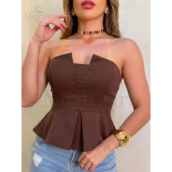 TOP CROPPED ALFAIATARIA TOMARA QUE CAIA COM LASTEX NAS COSTAS BLUSA PEPLUM FEMININA ELEGANTE