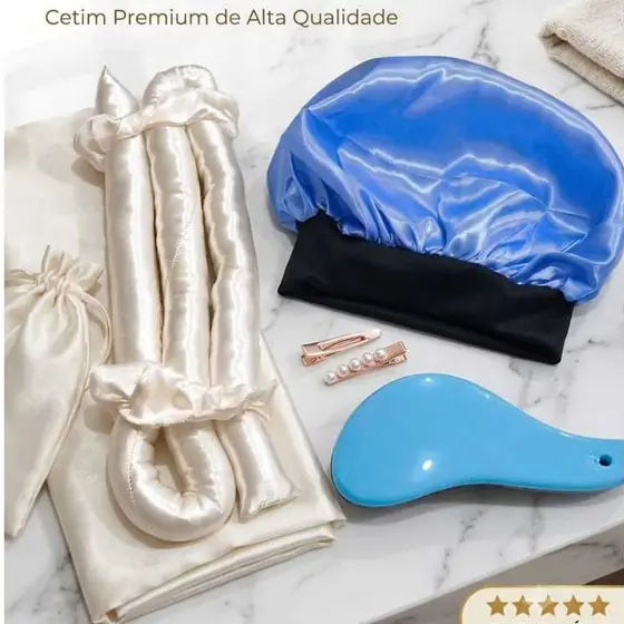 Kit Escova Mágica Alisadora + Touca de Cetim + Modelador de Cachos Sem Calor | Cabelos Lisos ou Cacheados sem Danos