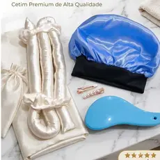 Kit Escova Mágica Alisadora + Touca de Cetim + Modelador de Cachos Sem Calor | Cabelos Lisos ou Cacheados sem Danos