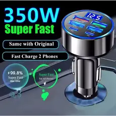 Carregador Veicular Turbo 350W Super Fast – 6 Portas (USB + USB-C) com Monitor de Voltagem LED Digital