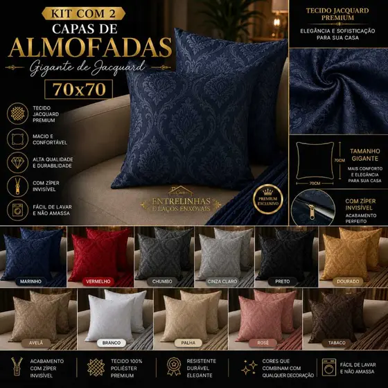 Kit 2 Capas de Almofada Gigante 70x70 Jacquard 100% Poliéster Premium com Zíper Invisível Decorativa para Sofá, Sala e Q