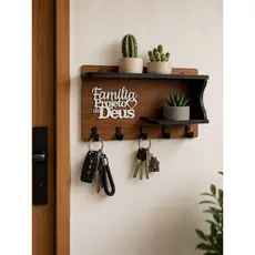 Porta Chaves Decorativo Família Projeto de Deus MDF Com Prateleira e Suporte