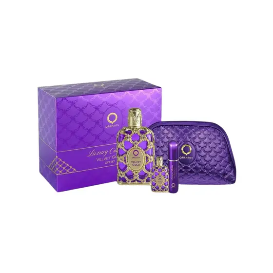 Kit Perfume Orientica Luxury Collection Velvet Gold de 80ml EDP + 7,5ml EDP + Necessaire+ Atomizador