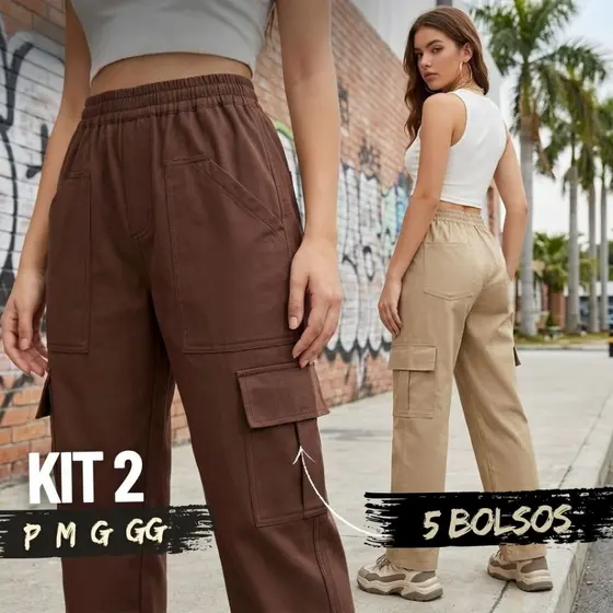Kit 2 Calça Cargo Feminina Streetwear Brim Premium com Elástico 100% Algodão 5 Bolsos P ao GG
