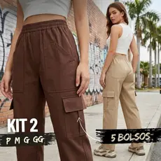 Kit 2 Calça Cargo Feminina Streetwear Brim Premium com Elástico 100% Algodão 5 Bolsos P ao GG