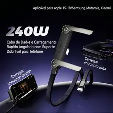 Cabo USB-A para USB-C 240W Carregamento Rápido com Suporte Dobrável para Celular de Mesa