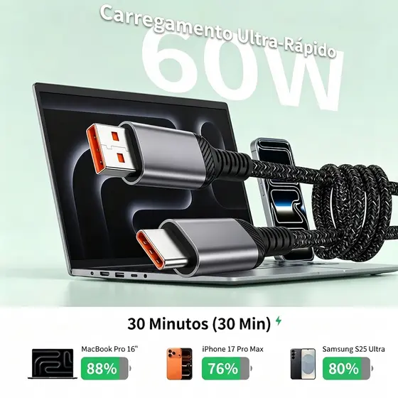 Cabo USB para Tipo‑C 1 Metro Trançado Preto e Branco Carregamento Rápido