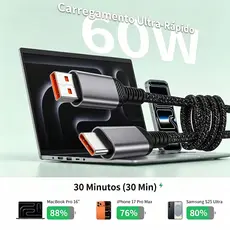 Cabo USB para Tipo‑C 1 Metro Trançado Preto e Branco Carregamento Rápido