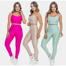 Kit 3 Conjuntos Fitness Feminino Carol Top Calça Legging Cintura Alta Poliamida Alta Compressão