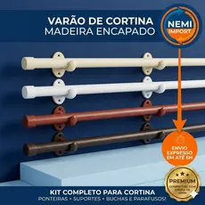 Varão Cortina Madeira 19mm 2 Metros conjunto Completo Branco Cinza