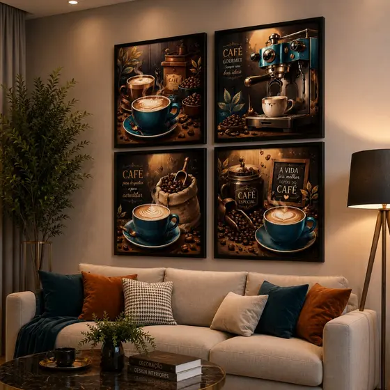 Kit 4 Quadros Café Gourmet Decorativo Cozinha Sala Cafeteria