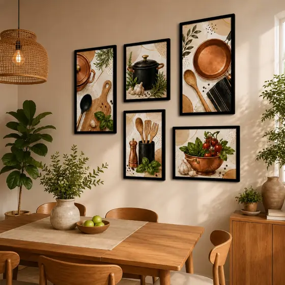Kit 5 Quadros Decorativos Cozinha Gourmet MDF Premium Utensílios Culinários Modernos