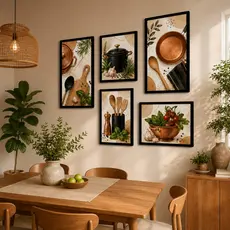 Kit 5 Quadros Decorativos Cozinha Gourmet MDF Premium Utensílios Culinários Modernos