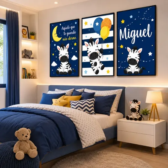 Kit 3 Quadros Infantil Zebra Fofinha Personalizado Com o Seu Nome