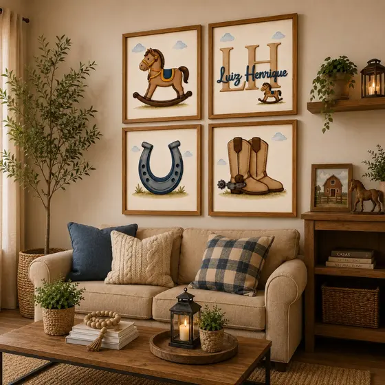 Kit Quadros Decorativos Fazendinha Cowboy Infantil Personalizado com Nome – 4 Peças MDF Premium
