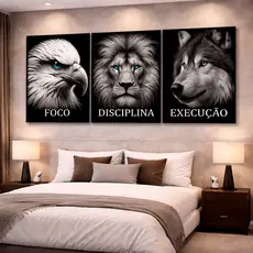 Quadro Decorativo Águia Lobo Leão Foco Disciplina Execução