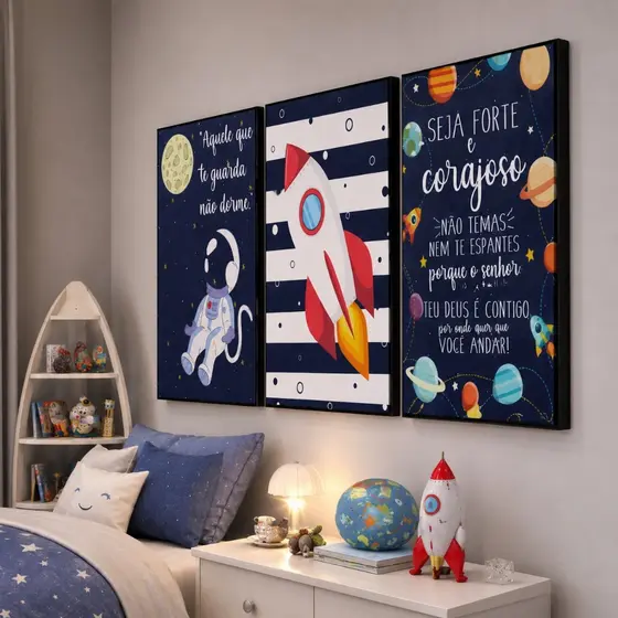 Kit 3 Quadros Decorativos Astronauta Quarto Menino Mdf