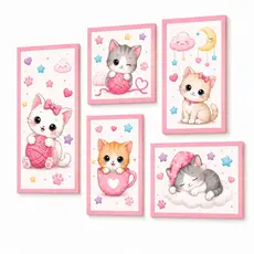 Kit 5 Quadros Gatinhos Fofos Infantil Rosa Decoração Quarto Menina MDF