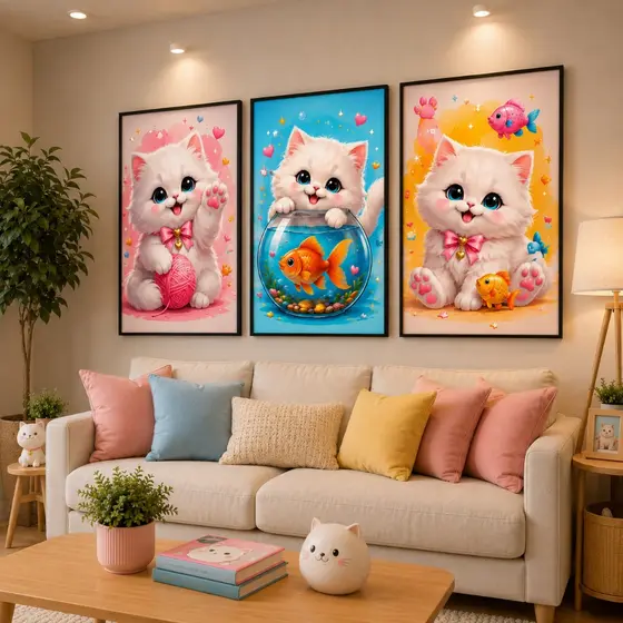 Kit 3 Quadros Gatinhos Fofos Infantil Decoração Quarto Menina Sala MDF Premium