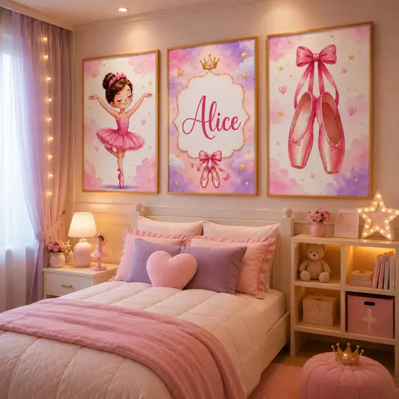 Kit 3 Quadros Bailarina Infantil Personalizado Com Seu Nome Decoração Quarto Menina