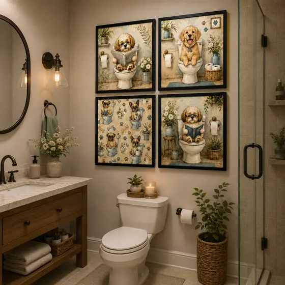 Kit 4 Quadros Decorativos Cachorrinhos no Banheiro Premium Diversão Charme e Humor para seu Lavabo