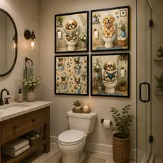 Kit 4 Quadros Decorativos Cachorrinhos no Banheiro Premium Diversão Charme e Humor para seu Lavabo