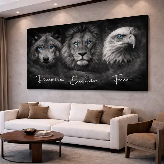 Quadro Decorativo Águia, Leão e Lobo | Frase Motivacional | Arte Moderna para Sala e Quarto
