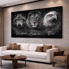 Quadro Decorativo Águia, Leão e Lobo | Frase Motivacional | Arte Moderna para Sala e Quarto