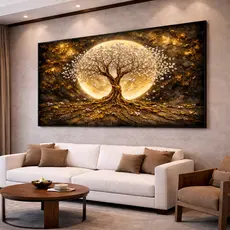 Quadro Decorativo Lua Dourada e Árvore Branca | Paisagem Moderna para Sala e Quarto