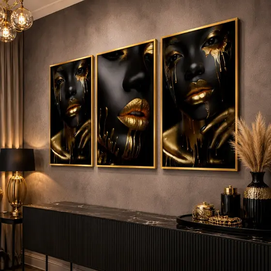 Kit 3 Quadros Mulheres Negras Afro Luxo Dourado Decor Sala Moderna