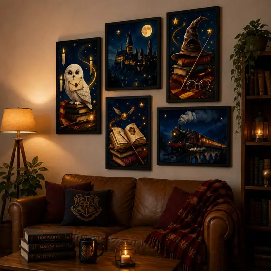 Kit 5 Quadros Universo Mágico Harry Decoração Moderna Para Sala