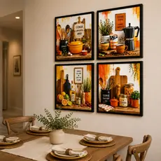Kit 4 Quadros Decorativos Cozinha Luxo Utensílios Gourmet e Café Moderno