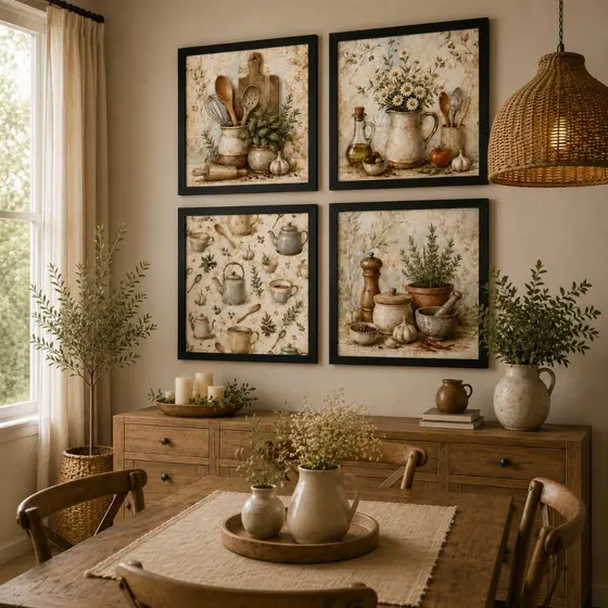Kit 4 Quadros Decorativos Cozinha Farmhouse Vintage Utensílios, Ervas e Charme Rústico Premium