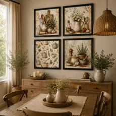 Kit 4 Quadros Decorativos Cozinha Farmhouse Vintage Utensílios, Ervas e Charme Rústico Premium