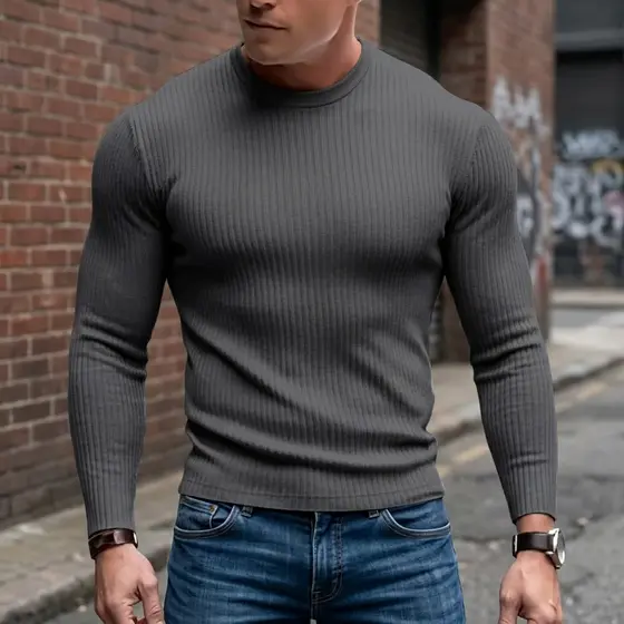Camiseta Masculina Manga Longa Canelada Slim Fit Básica Casual Moda Gringa Frio Segunda Pele