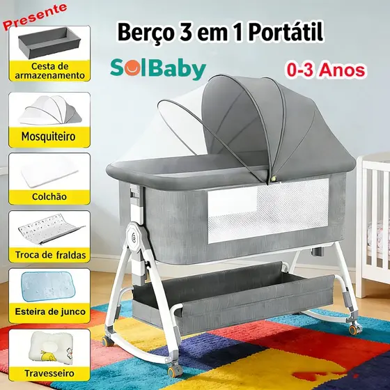 Berço Moises 3 em 1 Portátil 0 a 3 Anos com Balanço, Mesa de Fraldas, Mosquiteiro e Altura Ajustável