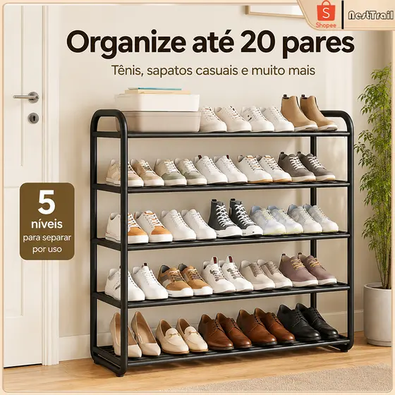 Sapateira Vertical 5 Níveis para 20 Pares de Sapatos, Organizador de Sapatos Reforçado para Quarto Entrada