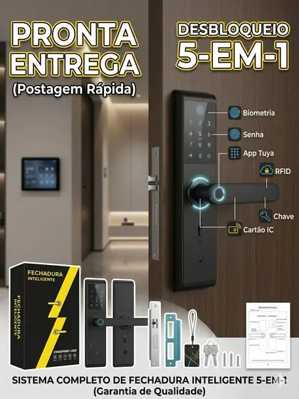 Fechadura Eletrônica Digital Inteligente 5 em 1 Biometria Senha Cartão App Tuya e Chave - Pronta Entrega