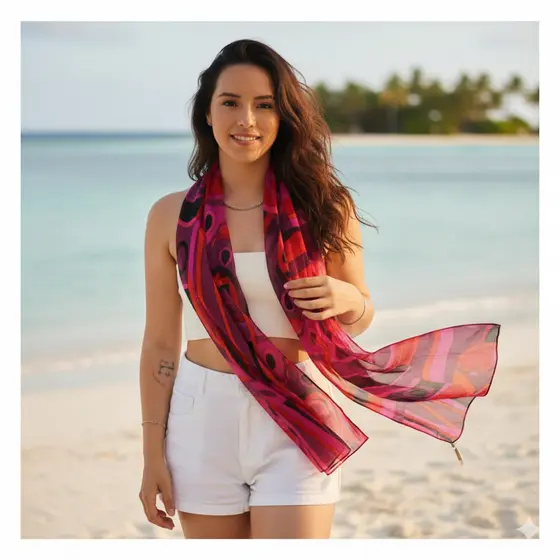 Echarpe Lenço Leve Praia Geométrico Tendêcia Moda Verão Pink/Red Poliéster Presente Elegante