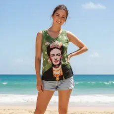 Camisa Regata 100% Algodão Estampada Frida Kahlo Miçangas Pedrinhas Moda Femina Tamanho Único