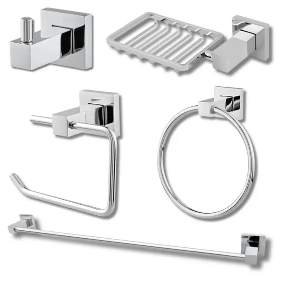 Kit Acessórios Para Banheiro 05 Peças 100% Metal Quadrado Cromo Luxo