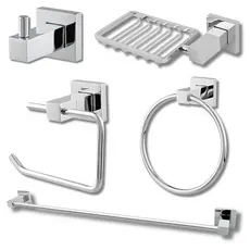 Kit Acessórios Para Banheiro 05 Peças 100% Metal Quadrado Cromo Luxo