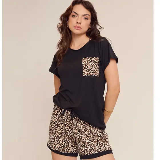 Pijama Short Doll Curto Com Bolso Suede Estampado