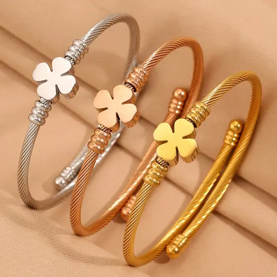 Kit Pulseira Feminina De Trevo De Quatro Folhas Ajustável Em Aço Inoxidável
