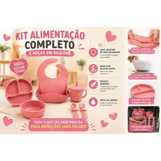 Kit Alimentação Silicone Bebê 8 Peças Completo Babador Prato Ursinho Tigela Copo Infantil Colher Garfo