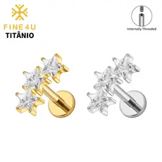 FINE4U Piercing Titânio Labret Triplo Estrela Cluster Cartilagem Helix Conch Lóbulo Brinco Jóia