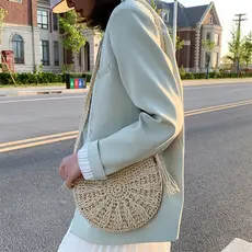 Moda Feminina Tecido Saco De Palha Corda Artesanal Zíper Pequeno Crossbody Casual Verão Férias Praia Ombro Mensageiro Sa