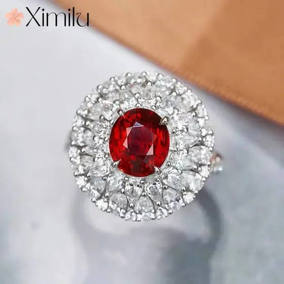 ♥ Brilhante Micro-incrustado cheio de diamante vermelho cristal anel feminino luz estilo luxo elegante jóias de casament