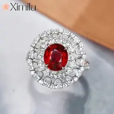 ♥ Brilhante Micro-incrustado cheio de diamante vermelho cristal anel feminino luz estilo luxo elegante jóias de casament